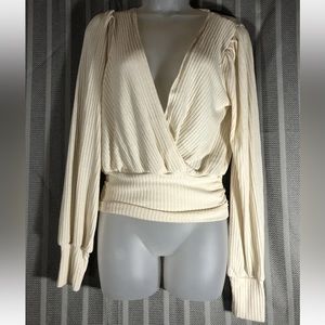 Windsor ivory long sleeve ribbed v neck faux wrap shirt top size large new